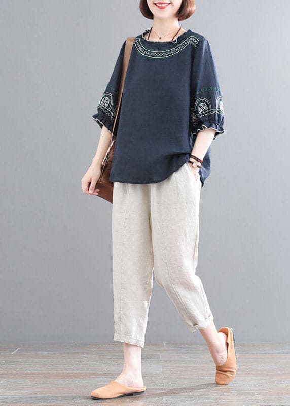 Loose Navy O-Neck Top And Corp Pants Two-Piece Set Summer GK-TPIEC220419