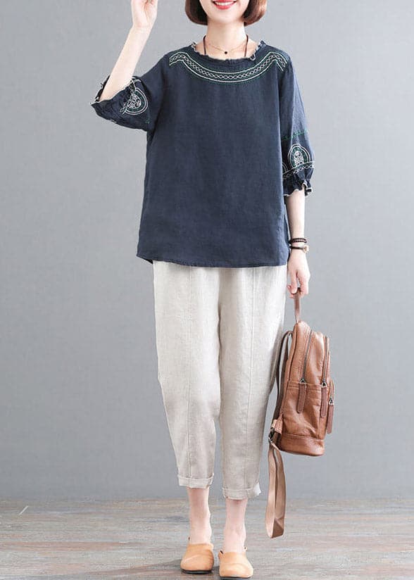 Loose Navy O-Neck Top And Corp Pants Two-Piece Set Summer GK-TPIEC220419