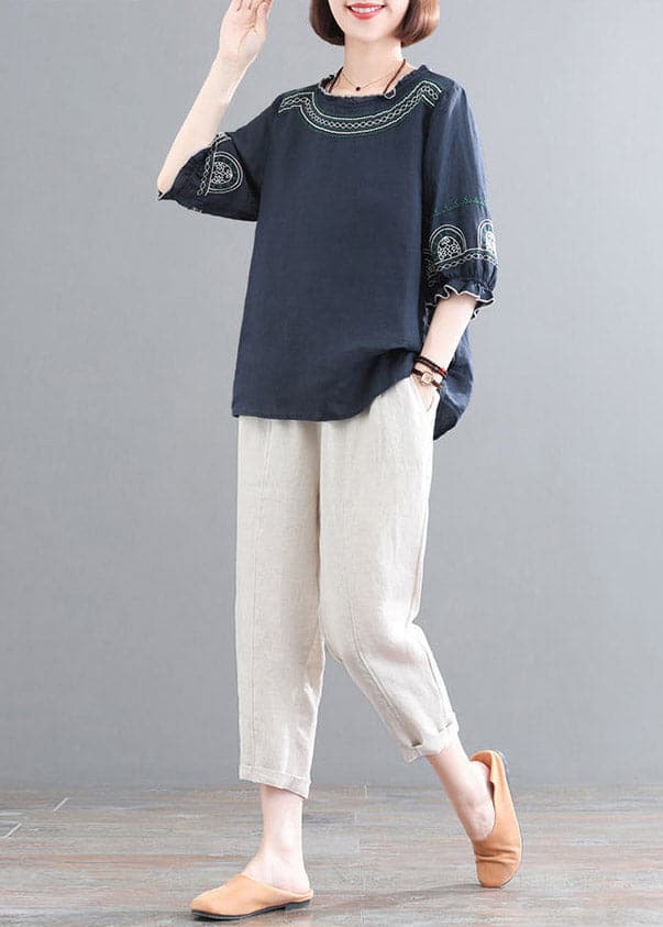 Loose Navy O-Neck Top And Corp Pants Two-Piece Set Summer GK-TPIEC220419