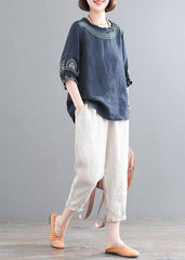 Loose Navy O-Neck Top And Corp Pants Two-Piece Set Summer GK-TPIEC220419