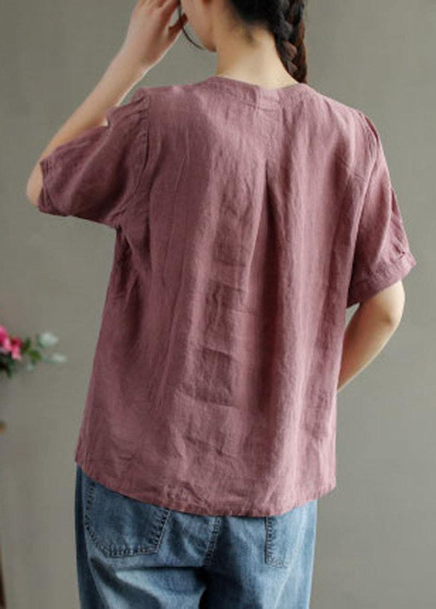 Loose Pink V Neck Embroideried Floral Summer Linen Shirt GK-STP210715