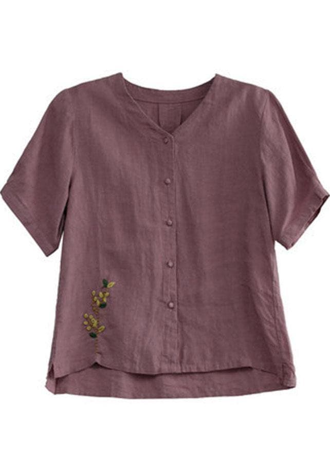 Loose Pink V Neck Embroideried Floral Summer Linen Shirt GK-STP210715