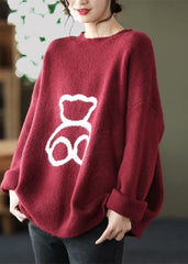 Loose Red O-Neck Print Woolen Sweaters Spring GK-NTP220208