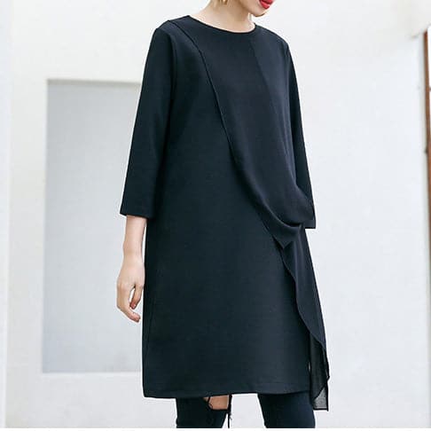 Loose Three Quarter sleeve Cotton Tunics Fun Tunic Tops black loose Dress AT-FDM190115