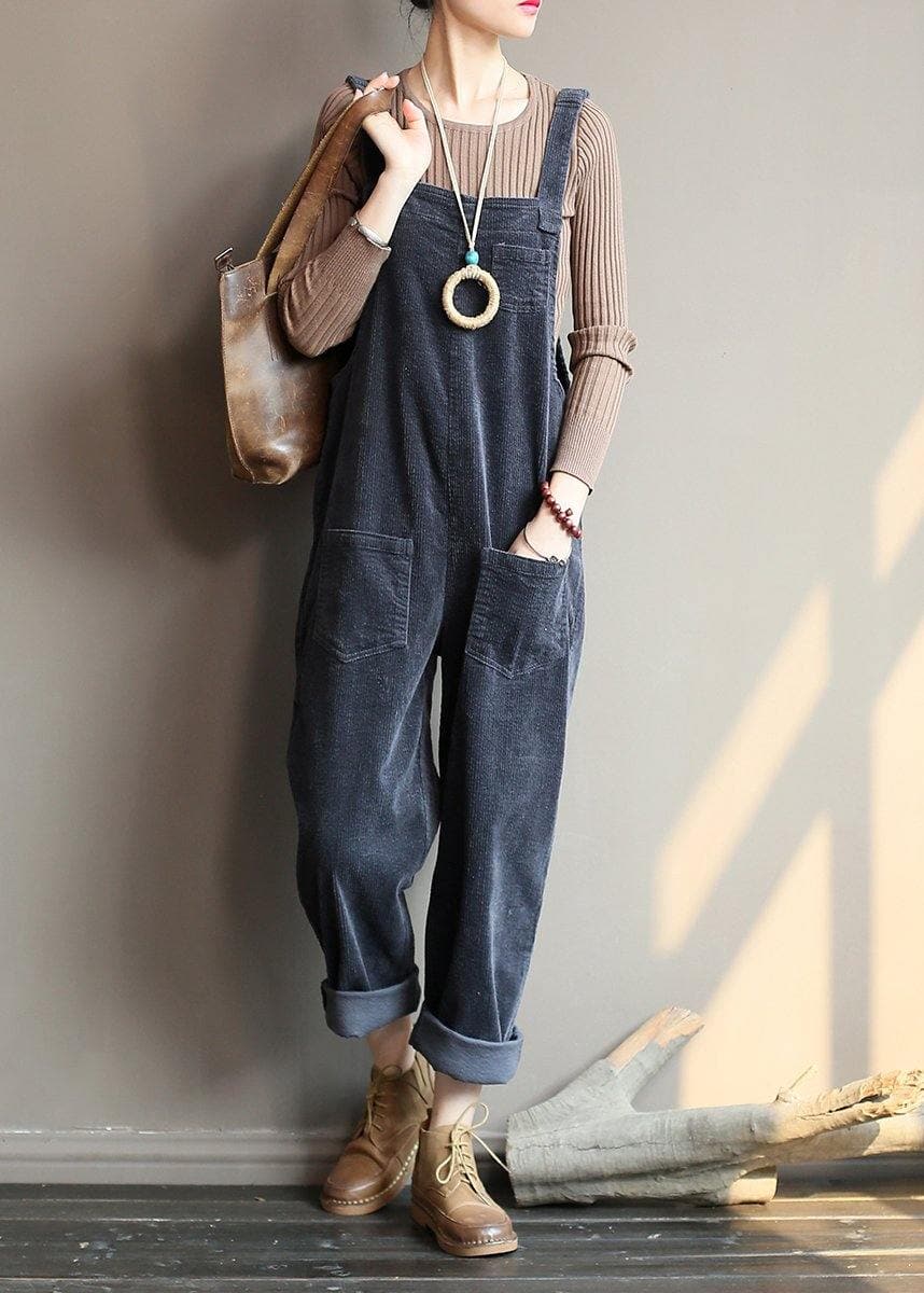 Loose gray corduroy pants overalls college style forest jumpsuit JPTS200522