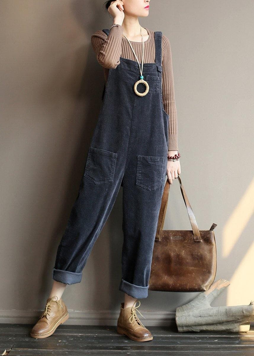 Loose gray corduroy pants overalls college style forest jumpsuit JPTS200522