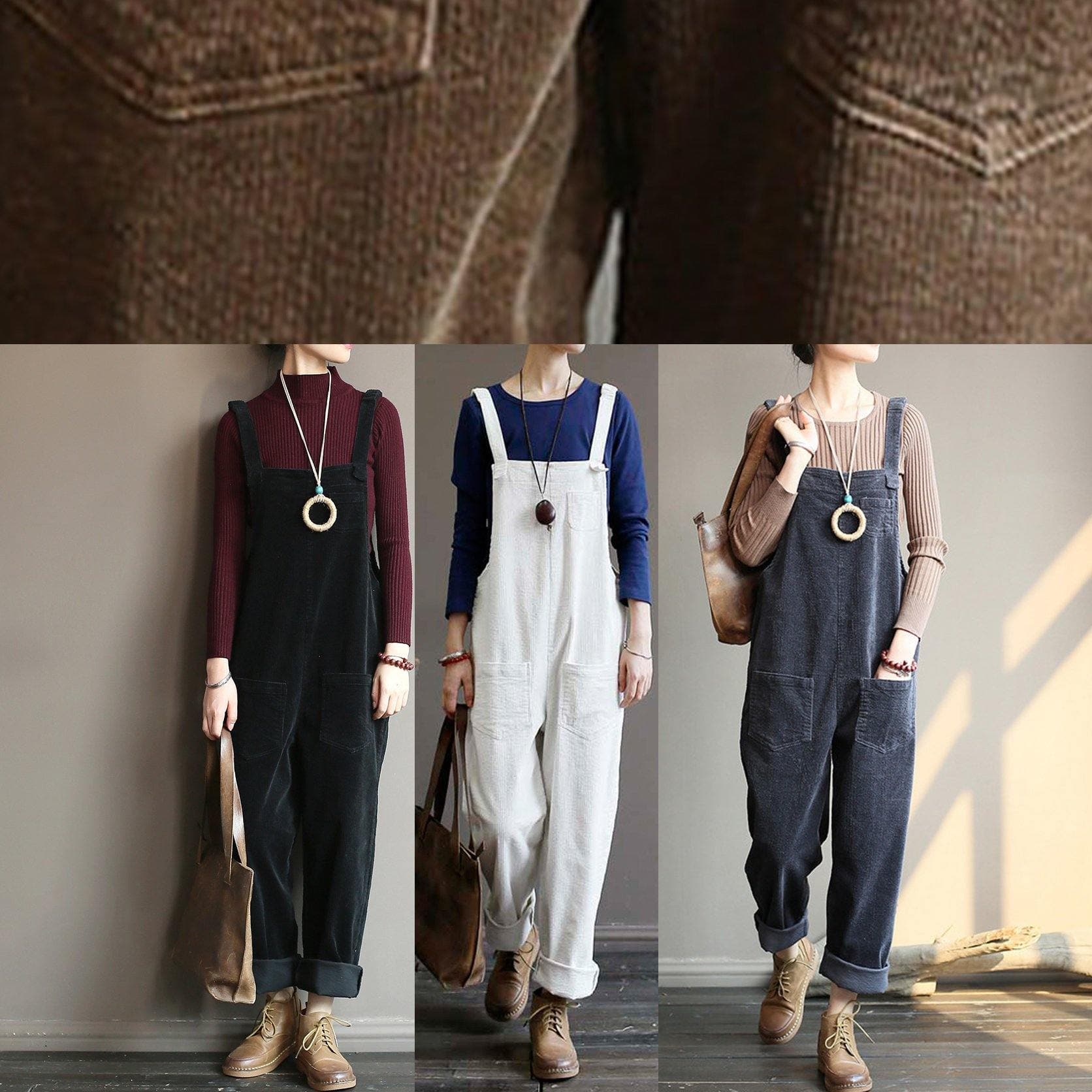 Loose gray corduroy pants overalls college style forest jumpsuit JPTS200522