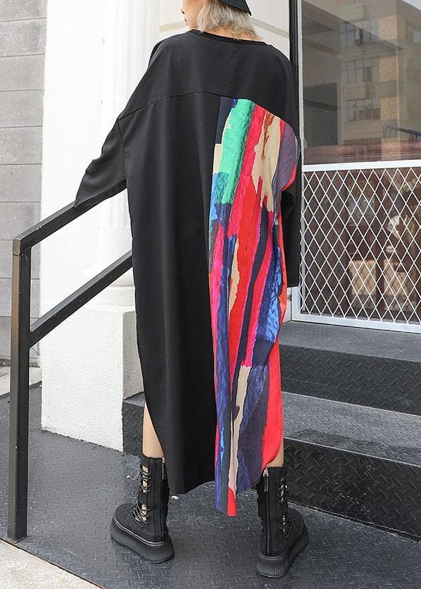 Loose asymmetric patchwork cotton quilting clothes Sleeve black Maxi Dress fall AT-FDL190903