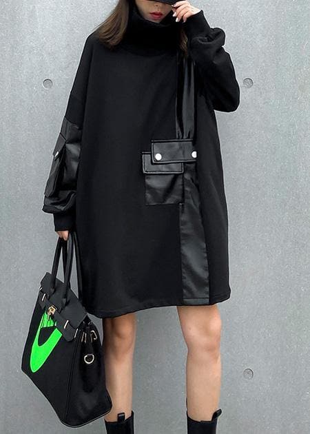 Loose black clothes Women high neck patchwork loose Dress AT-LTP201022