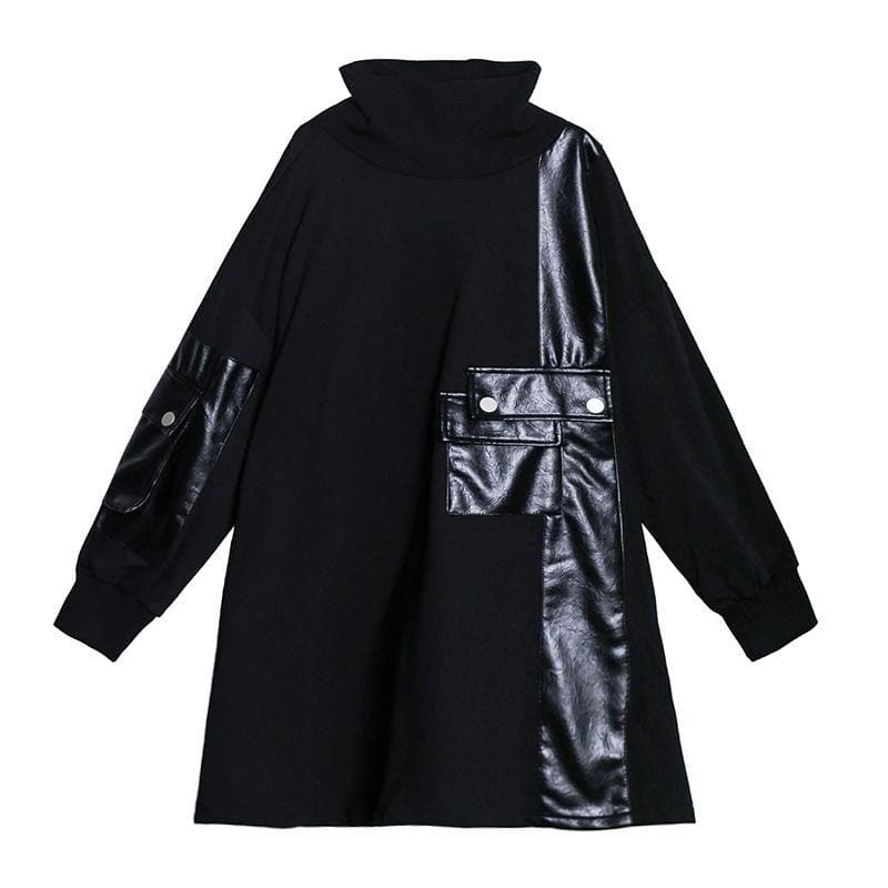 Loose black clothes Women high neck patchwork loose Dress AT-LTP201022