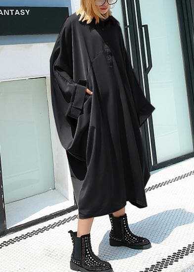 Loose black cotton Tunic lapel collar long summer Dresses AT-SDL190411