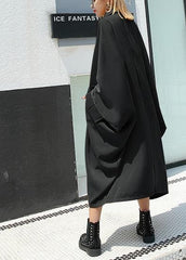 Loose black cotton Tunic lapel collar long summer Dresses AT-SDL190411