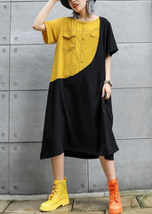 Loose black cotton quilting clothes o neck patchwork robes summer Dresses AT-SDL190614