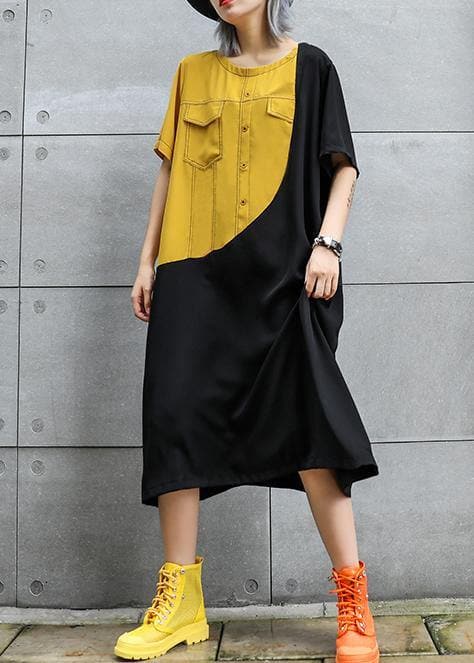 Loose black cotton quilting clothes o neck patchwork robes summer Dresses AT-SDL190614