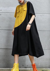 Loose black cotton quilting clothes o neck patchwork robes summer Dresses AT-SDL190614