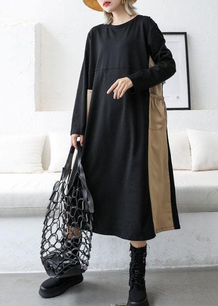 Loose black patchwork khaki cotton outfit o neck cotton fall Dresses AT-FDL190903