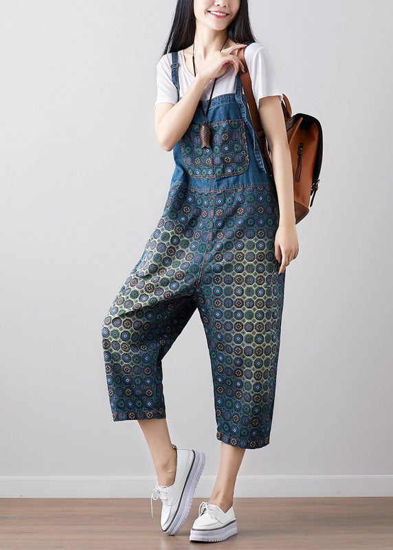 Loose dark Blue Print denim Jumpsuit Spring dylinoshop