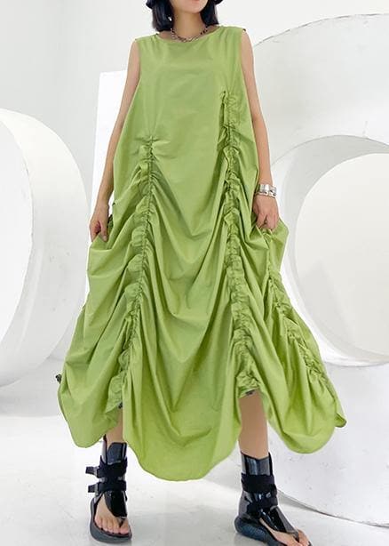 Loose green Cinched cotton dresses o neck sleeveless Maxi Dresses AT-SDL200617