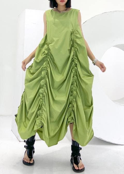 Loose green Cinched cotton dresses o neck sleeveless Maxi Dresses AT-SDL200617