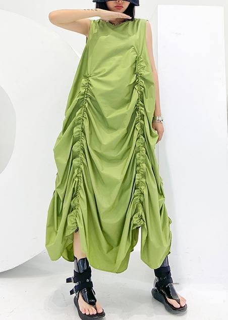 Loose green Cinched cotton dresses o neck sleeveless Maxi Dresses AT-SDL200617