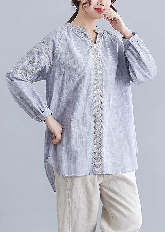 Loose light blue embroidery cotton clothes For Women v neck blouse LTP200325