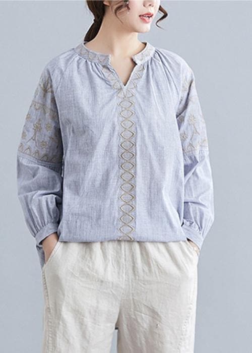 Loose light blue embroidery cotton clothes For Women v neck blouse LTP200325