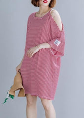 Loose red striped Cotton tunic top o neck side open shift Dresses STP200409