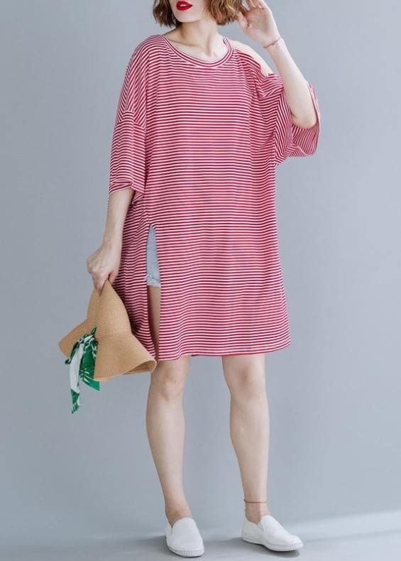 Loose red striped Cotton tunic top o neck side open shift Dresses STP200409