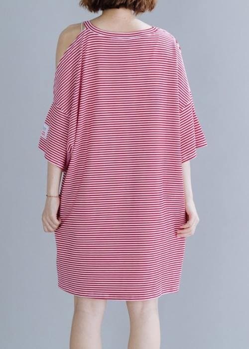 Loose red striped Cotton tunic top o neck side open shift Dresses STP200409