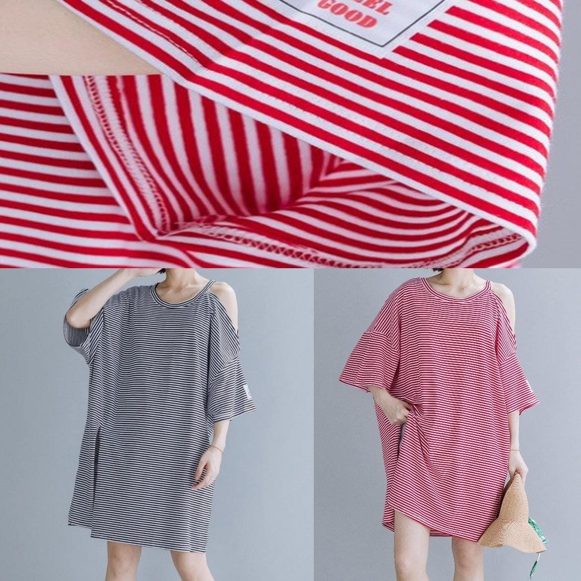 Loose red striped Cotton tunic top o neck side open shift Dresses STP200409