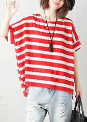 Loose red striped cotton clothes For Women o neck Batwing Sleeve silhouette blouses STP200409