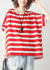 Loose red striped cotton clothes For Women o neck Batwing Sleeve silhouette blouses STP200409