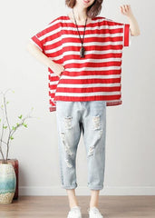 Loose red striped cotton clothes For Women o neck Batwing Sleeve silhouette blouses STP200409