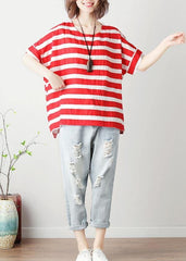 Loose red striped cotton clothes For Women o neck Batwing Sleeve silhouette blouses STP200409