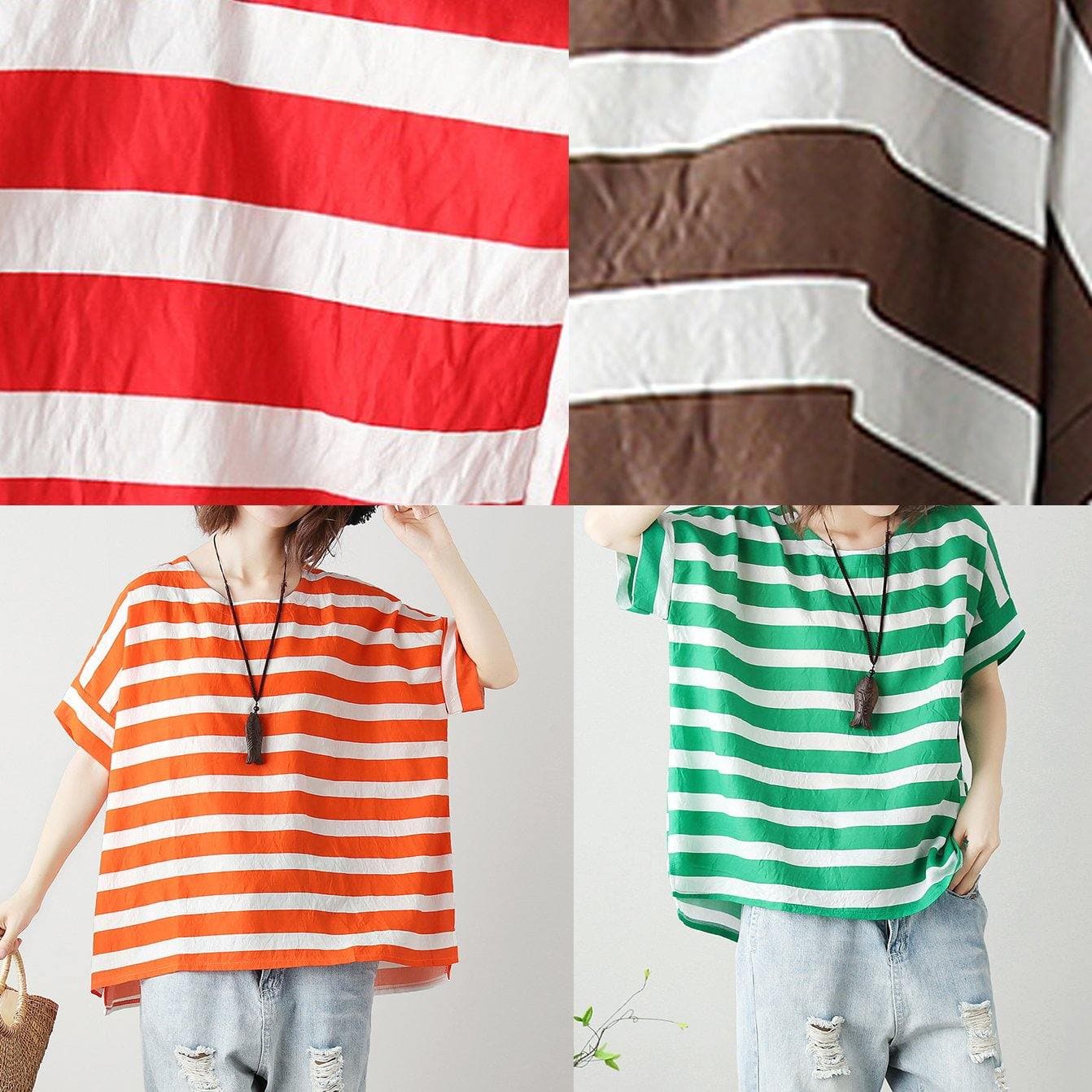 Loose red striped cotton clothes For Women o neck Batwing Sleeve silhouette blouses STP200409