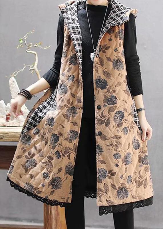 Luxury Loose Fitting Coats Yellow Print Hooded Sleeveless Coat TCT210101