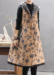 Luxury Loose Fitting Coats Yellow Print Hooded Sleeveless Coat TCT210101