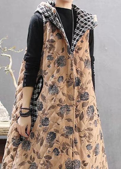 Luxury Loose Fitting Coats Yellow Print Hooded Sleeveless Coat TCT210101