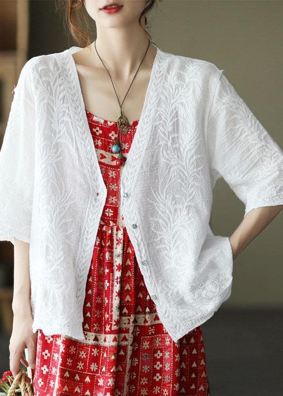 Luxury White Cotton V Neck Embroideried Floral Half Sleeve Tops GK-HTP210720