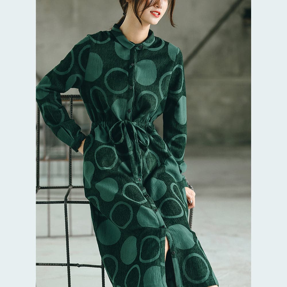 Luxury blackish green dotted  maxi coat casual Jacquard Peter pan Collar  Fine baggy dresses TCT180921