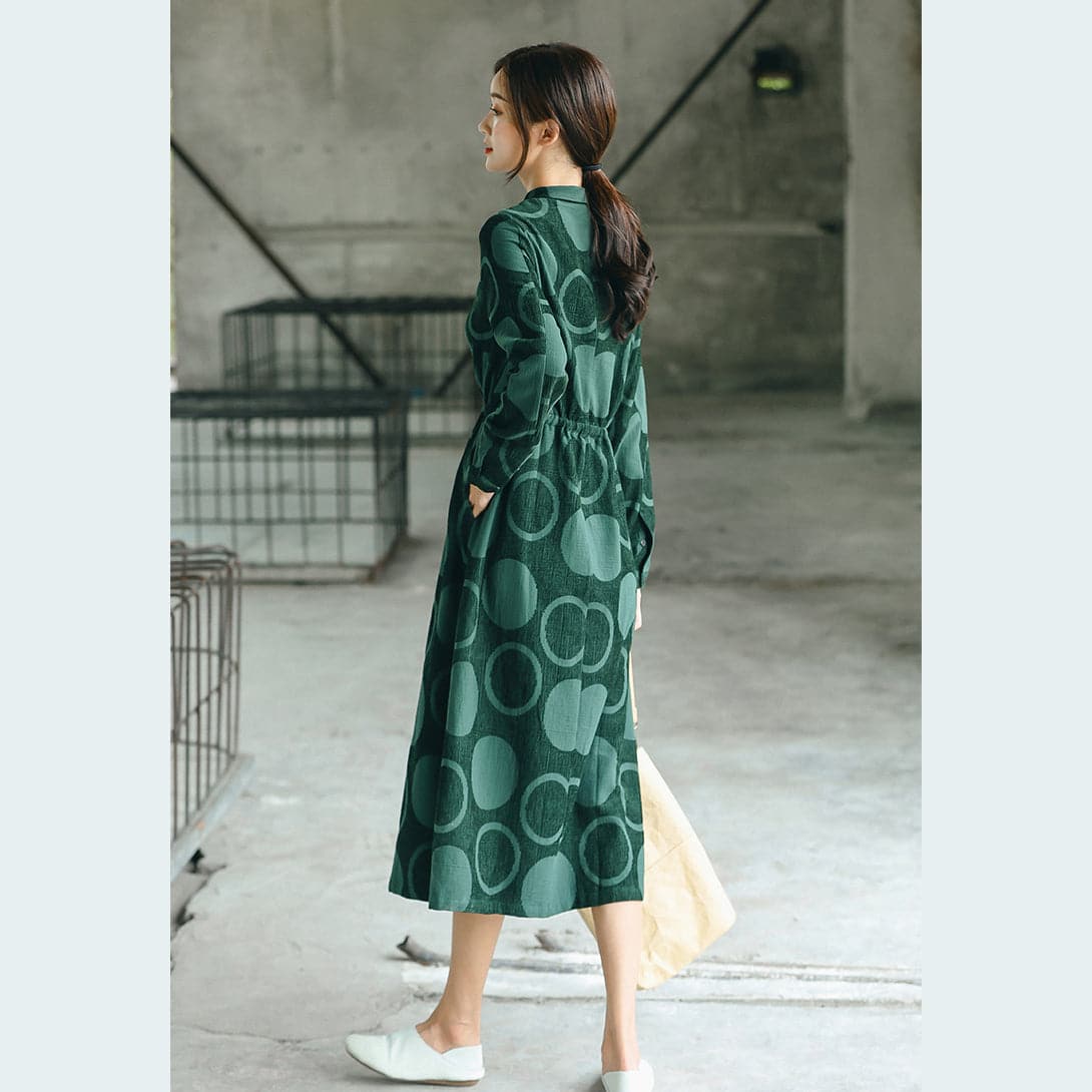 Luxury blackish green dotted  maxi coat casual Jacquard Peter pan Collar  Fine baggy dresses TCT180921