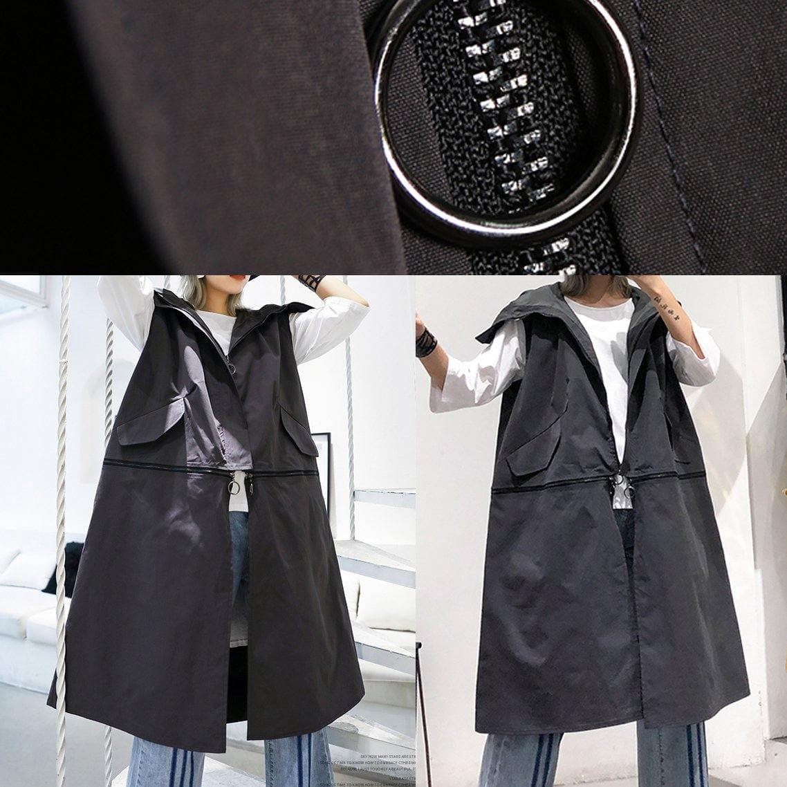 Luxury gray Coats Women plus size Coats sleeveless hooded zippered outwear AT-TCT190823