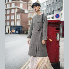 Luxury plaid Wool jackets oversized o neck long coat tie waist outwear TCT181116