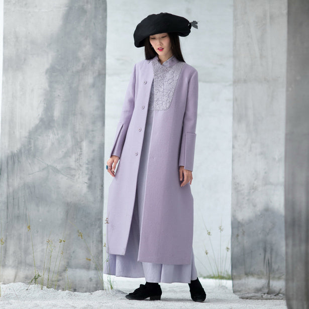 Luxury purple Woolen Coats trendy plus size side open long winter coat embroidery outwear TCT181116