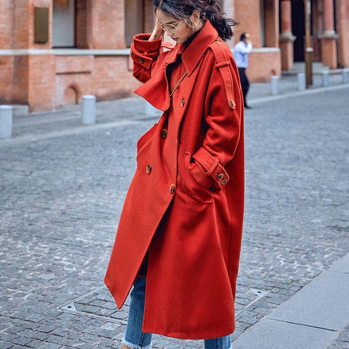 Luxury red Winter coat plus size Notched tunic Coat fine pockets tie waist coats TCT181016