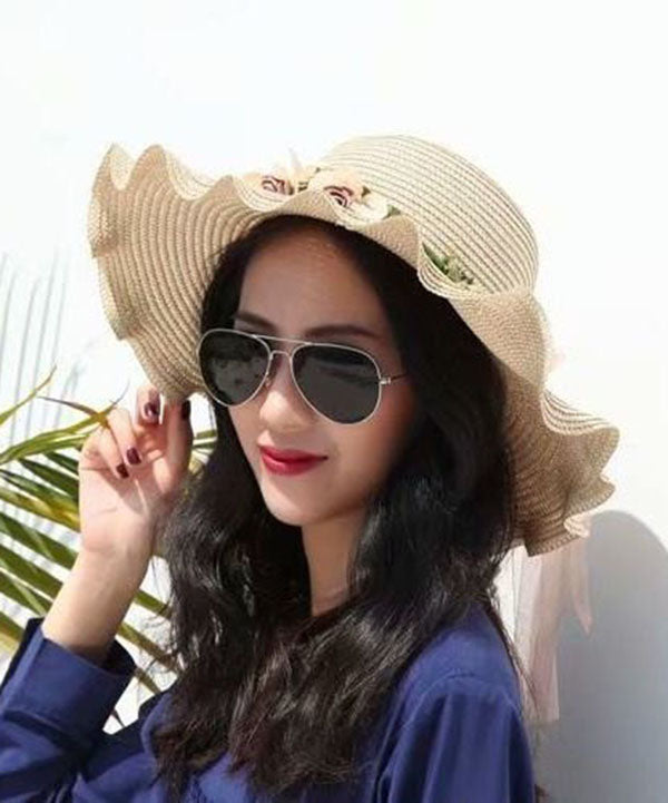 Modern Beige Wave Brim Applique Knit Beach Floppy Sun Hat dylinoshop