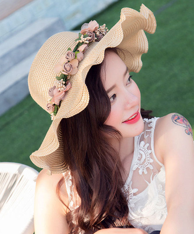 Modern Beige Wave Brim Applique Knit Beach Floppy Sun Hat dylinoshop