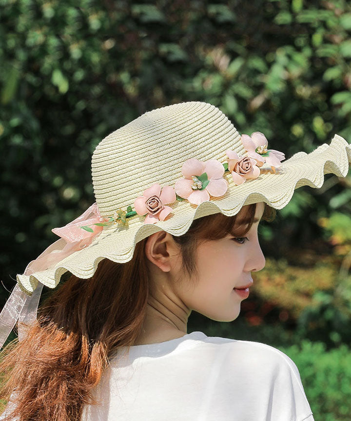 Modern Beige Wave Brim Applique Knit Beach Floppy Sun Hat dylinoshop