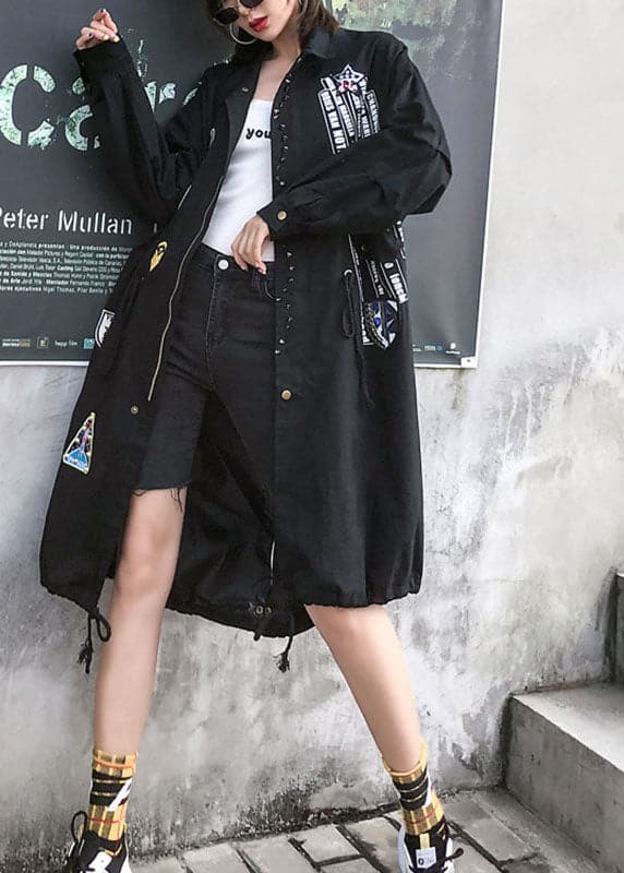 Modern Black Peter Pan Collar Zippered Fall Denim Long Sleeve Trench coats OH-TCT210916