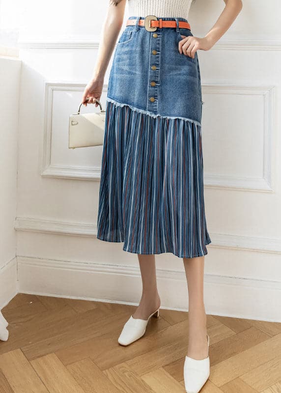 Modern Blue High Waist Sashes Asymmetrical Patchwork Cotton Denim Skirts Summer nz-SKTS220519